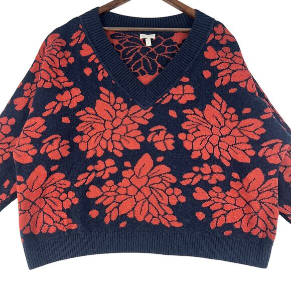 Garnet Hill Sweaters - Garnet Hill Everly Jacquard Alpaca/Cotton Floral Sweater Women’s SZ XL Navy/Rust